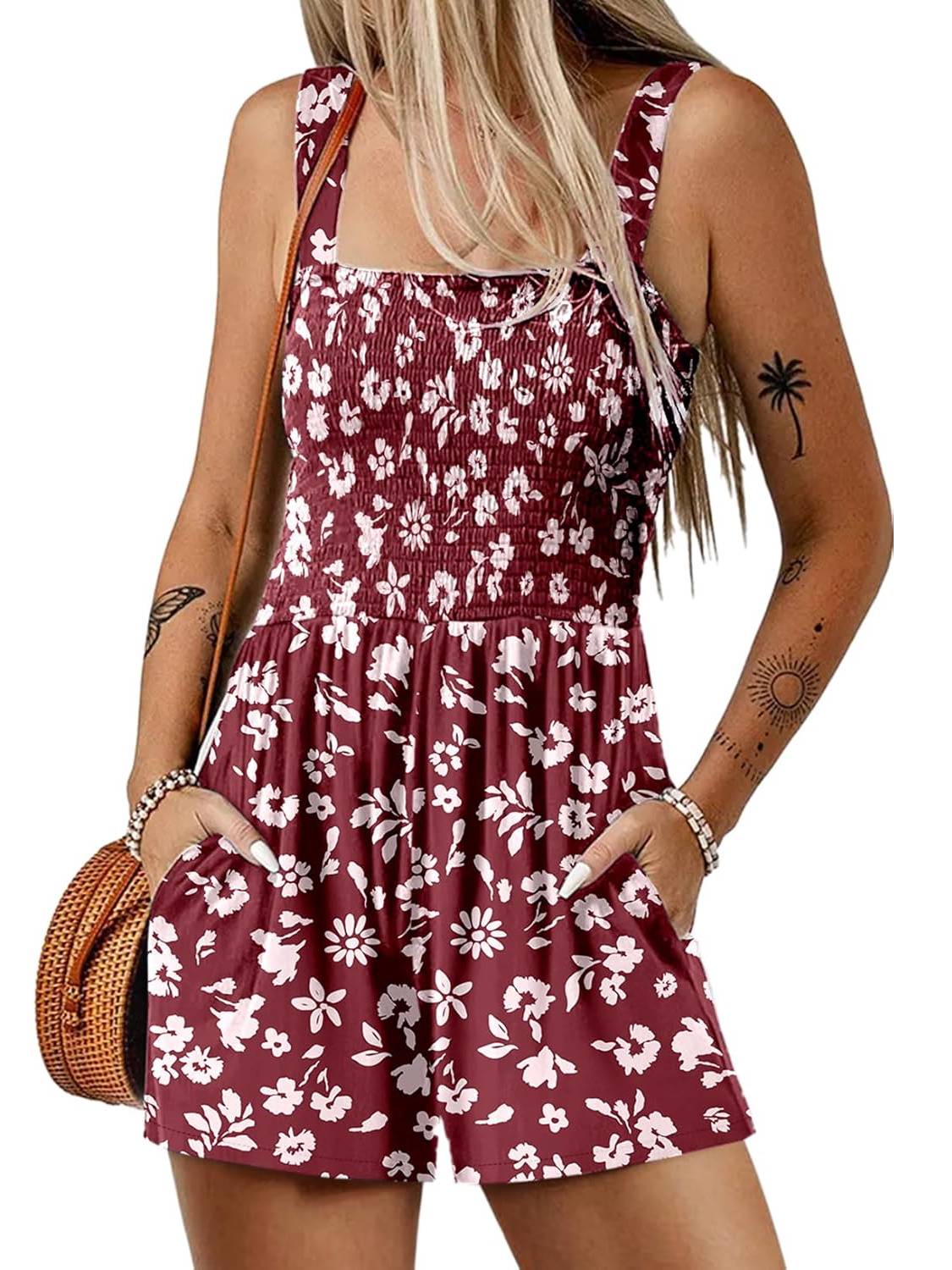⏰Hot Sale 49% Off💃Women's Summer Square Neck Sleeveless Loose Casual Short Smocked Romper