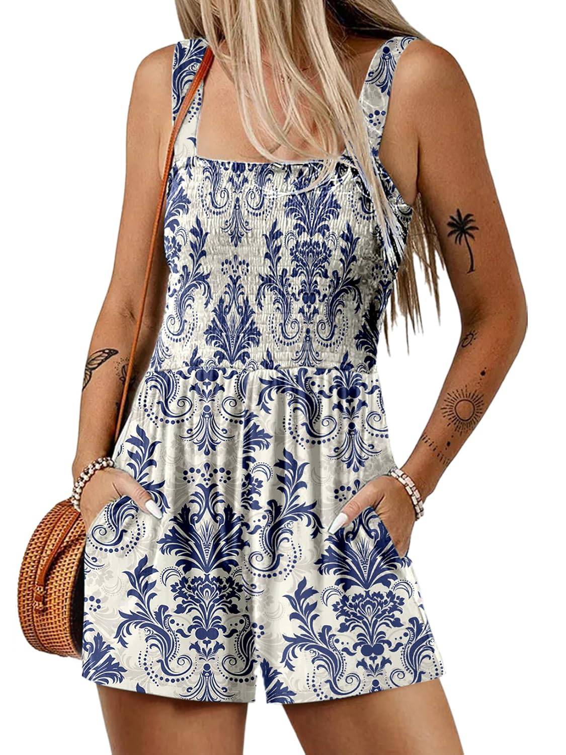 ⏰Hot Sale 49% Off💃Women's Summer Square Neck Sleeveless Loose Casual Short Smocked Romper