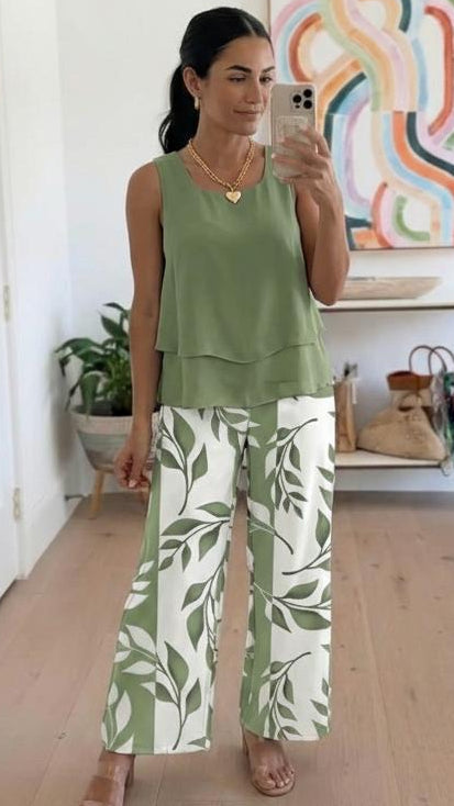 Green Plant Print Square Neck Two Piece Set
