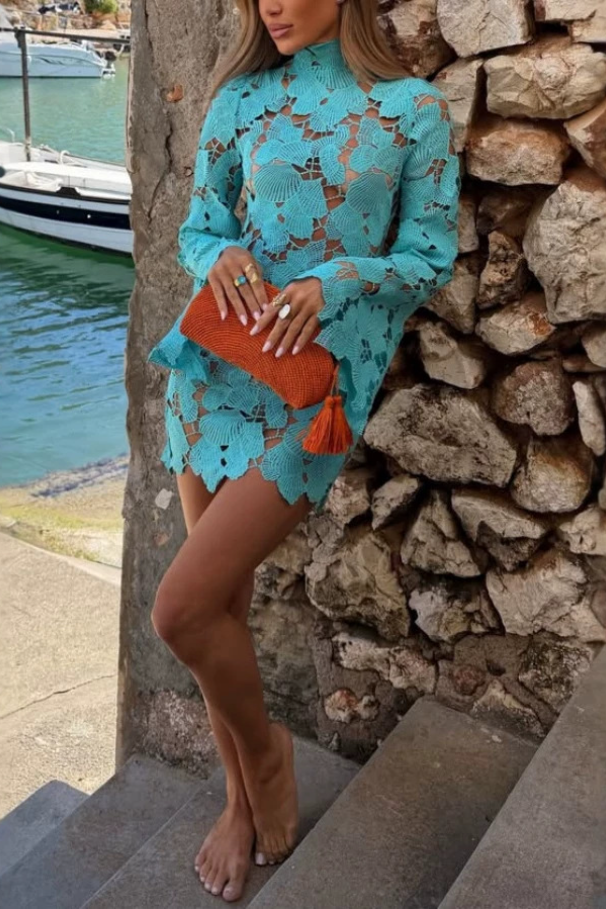 Turquoise Shell Embroidery Dress