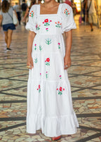 Floral Embroidery Square Neck Puff Sleeve Long Dress