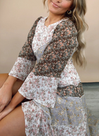 Floral Print 3/4 Sleeve Panel Maxi Dress