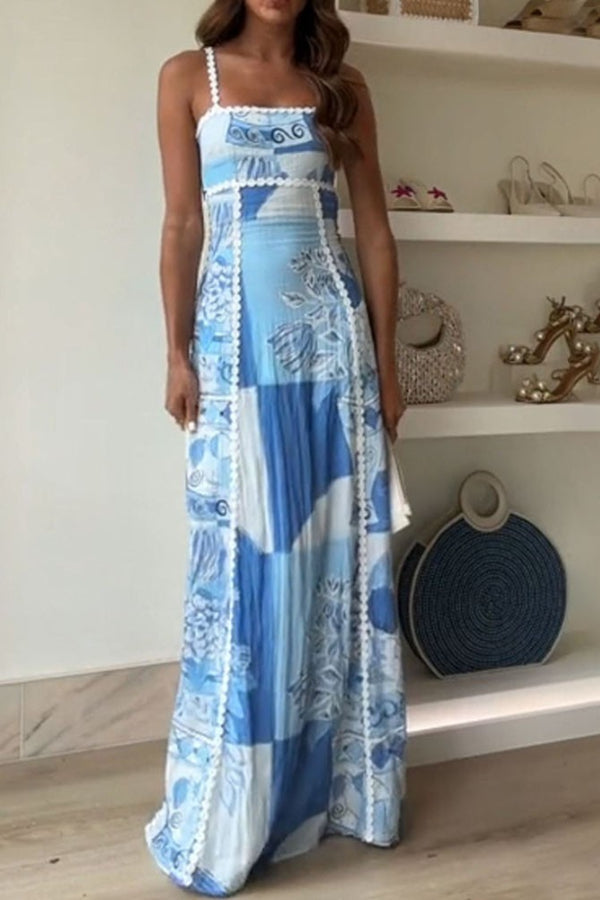 Vacation backless printed suspender dress