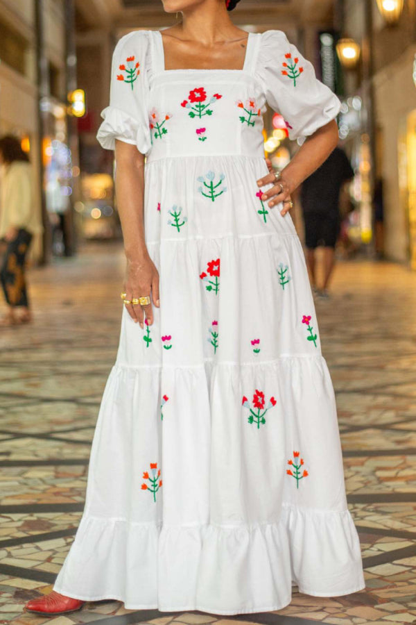 Floral Embroidery Square Neck Puff Sleeve Long Dress