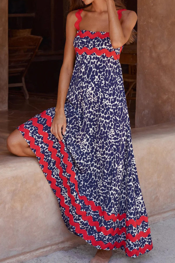 Polka Dot Print Lace Stitching Wave Suspender Maxi Dress