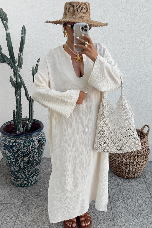 Solid Color Long Sleeve Cotton and Linen Dress