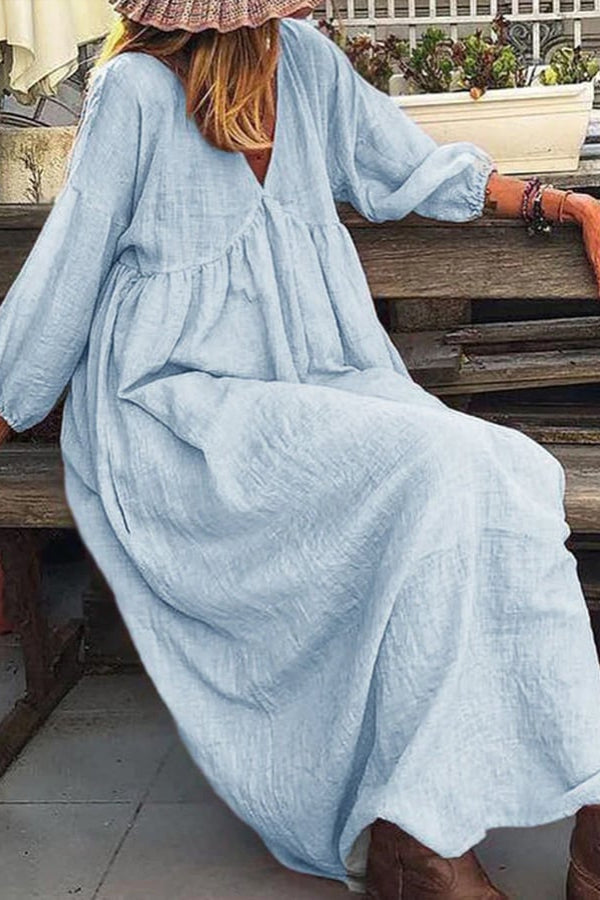 Women's Cotton Linen V-neck Split Joint Princess Dresses