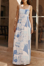 Unique Lace Patchwork Printed Back Tie Halter Neck Flared Maxi Dress