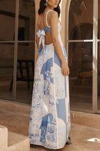 Unique Lace Patchwork Printed Back Tie Halter Neck Flared Maxi Dress