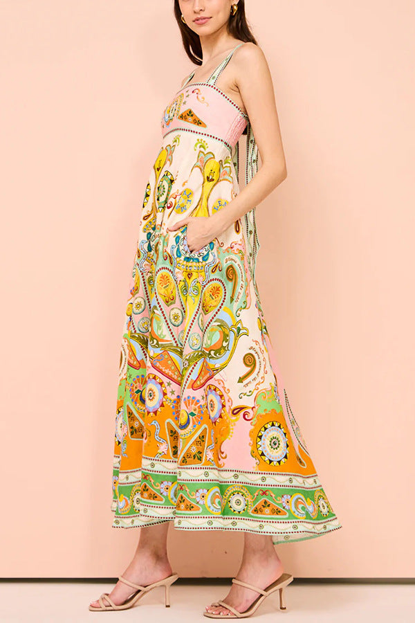 Graffiti Print Sleeveless Bow Large Swing Cotton Linen Dress
