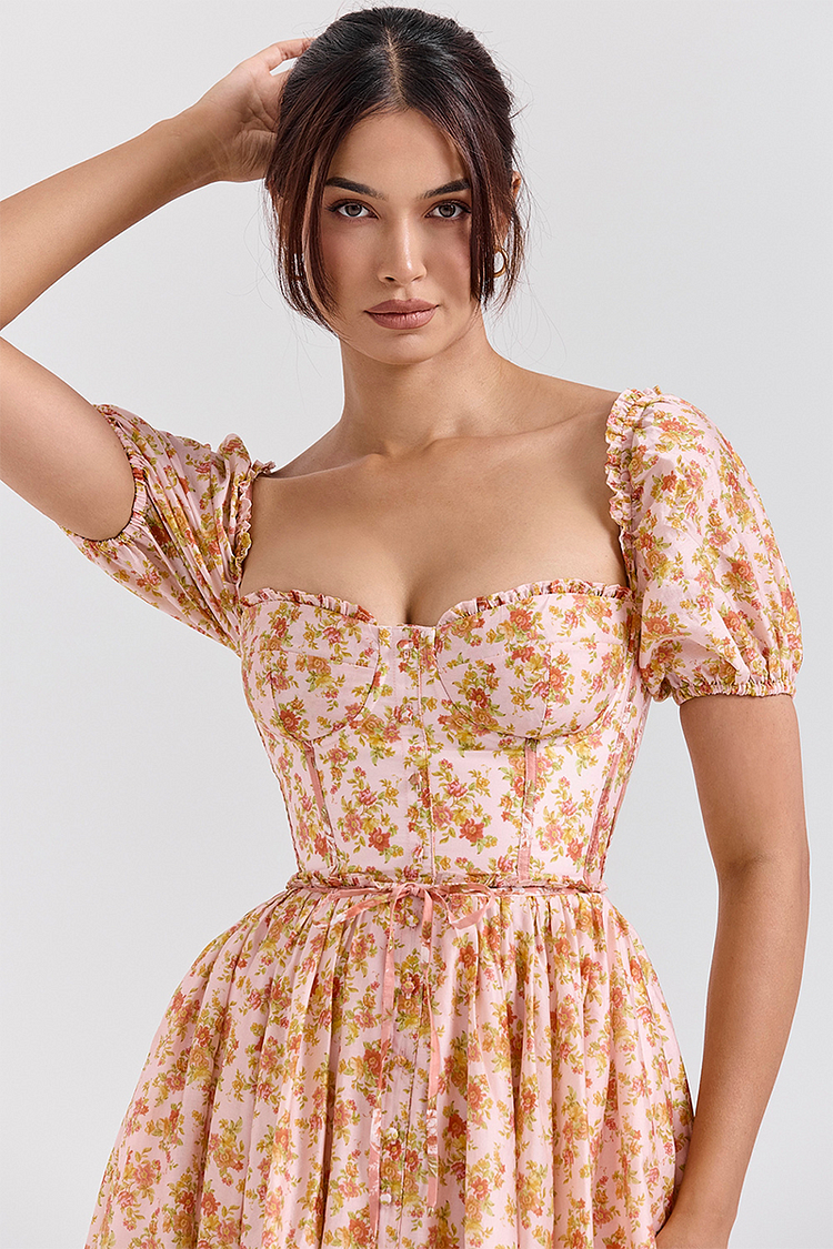 Floral Print Puff Sleeve Cinch Waist Colorblock Midi Dresses