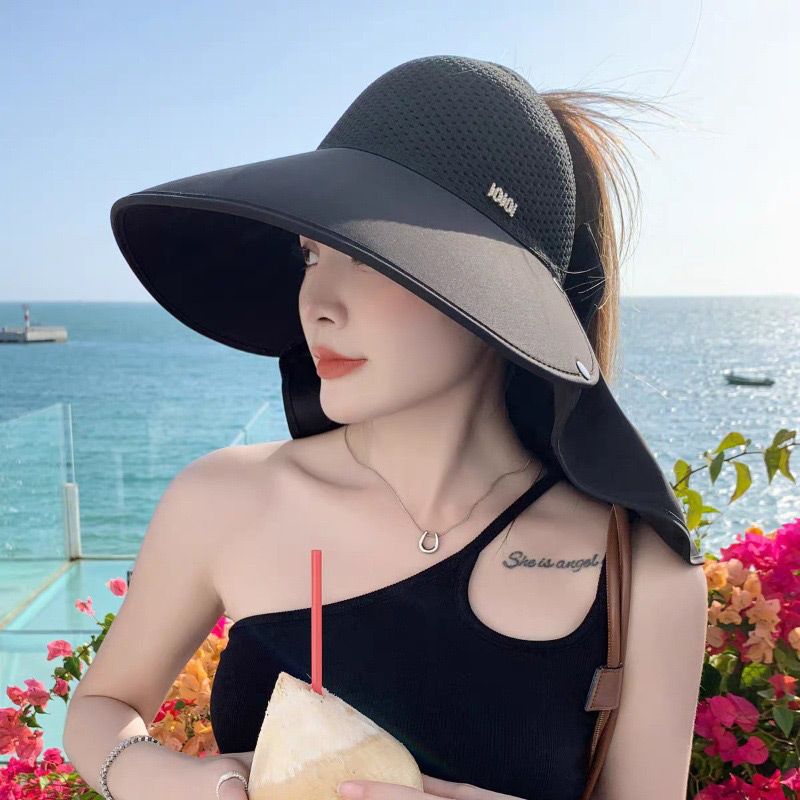 🌞2025 Summer New👒Large-brim Hollow Sunscreen Hat with Removable Neck Shawl